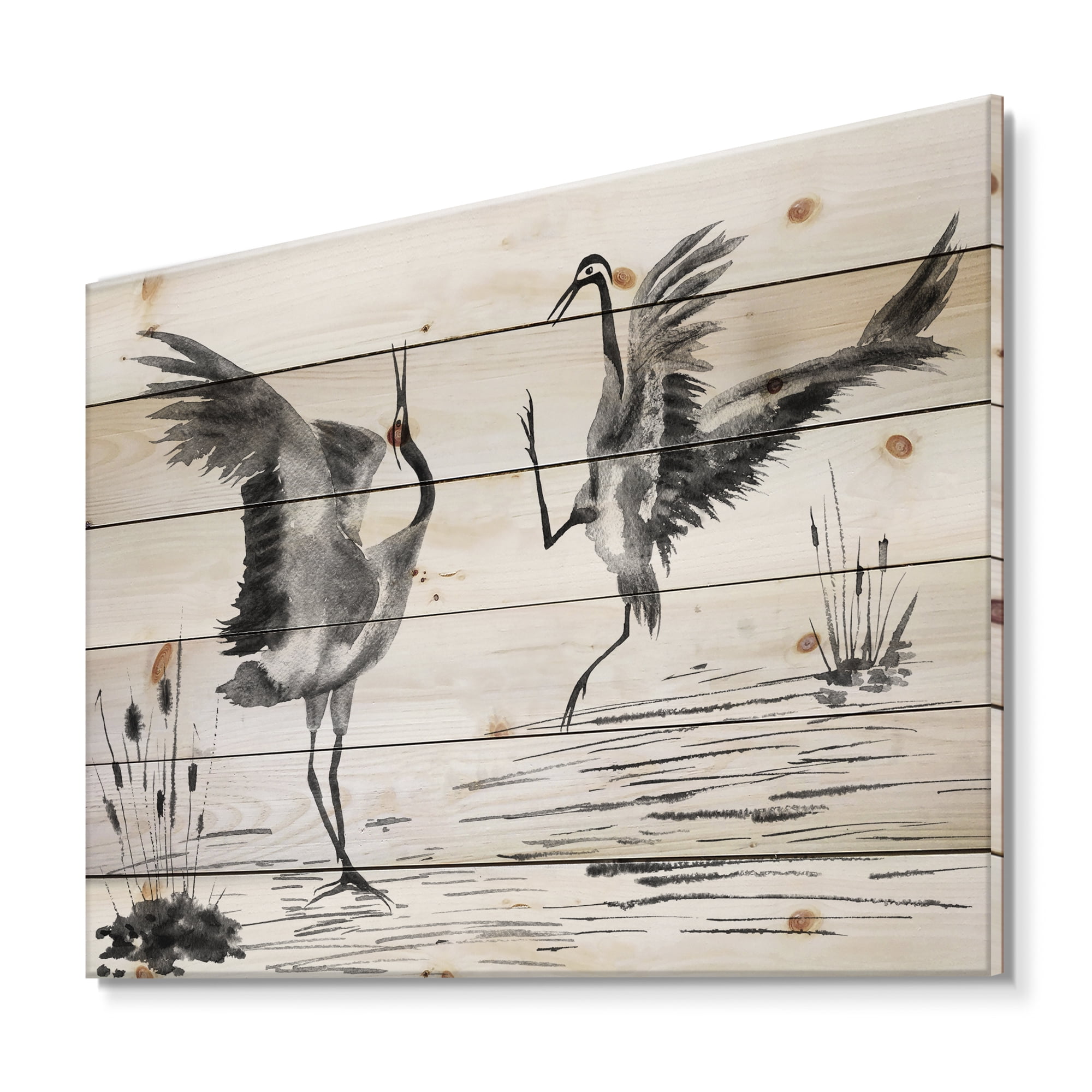 Designart 'Monochrome Two Enamored Japanese Cranes Birds' Traditional Print on Natural Pine Wood