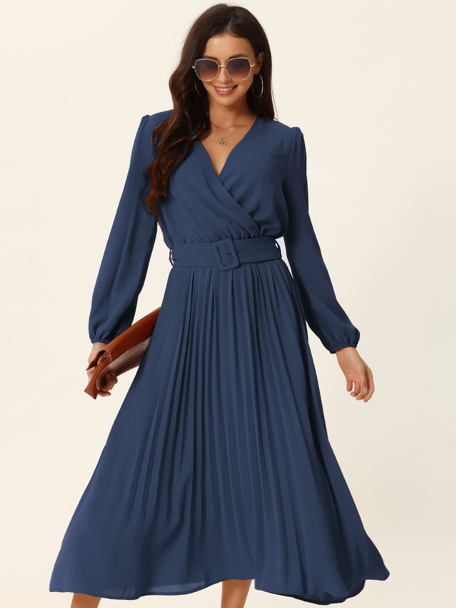 Unique Bargains Women's Long Puff Sleeve Flowy Ruffle Pleated Dress with Belt S Navy Blue