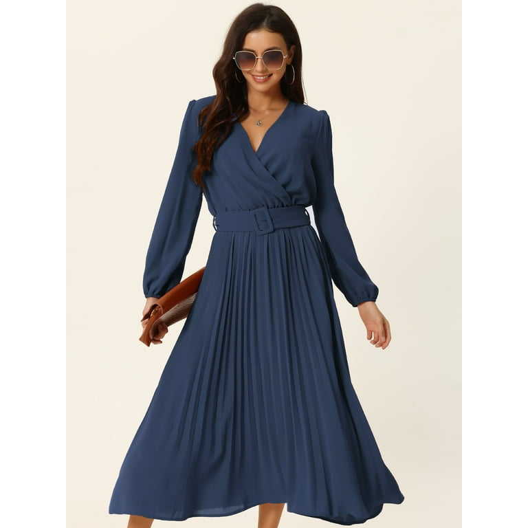 Unique Bargains Women's Long Puff Sleeve Midi Wrap Dress with Belt