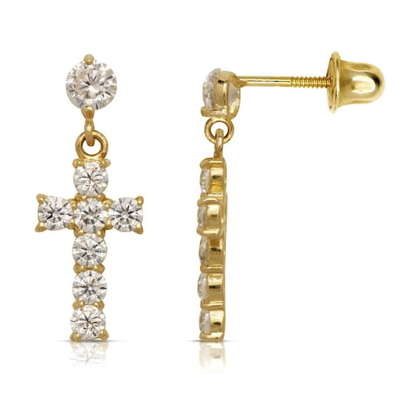 14k Yellow Gold Cubic Zirconia Big Cross Screw-Back Earrings - Measures 15x7mm