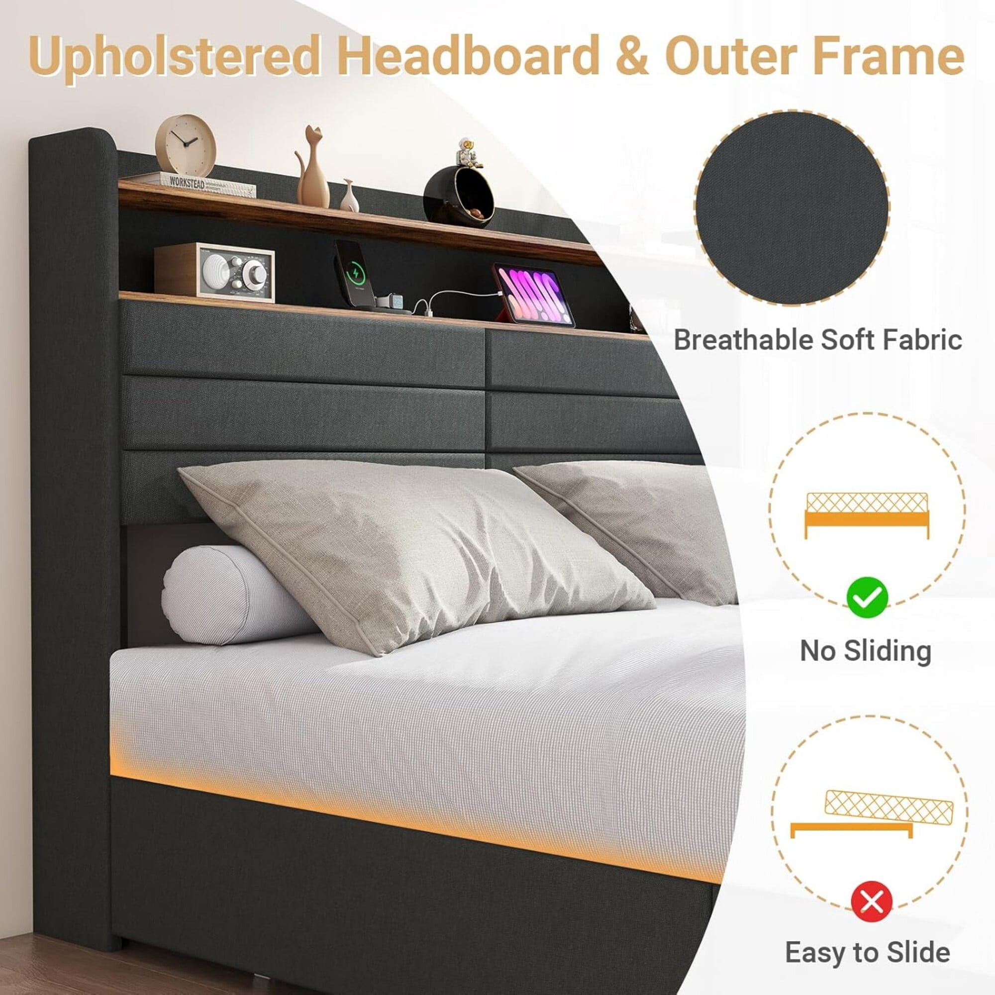 AENKYO Queen Upholstered Platform Bed Frame with Charging Station, Storage Headboard, 4 Drawers, LED Light, Dark Gray