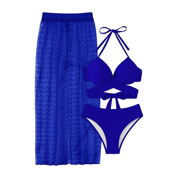 Glisme Blue Bikini Sets For Women Solid Color Long Skirt Mesh Sun Three Piece High Waist Split Swimsuit For Swimming Pool