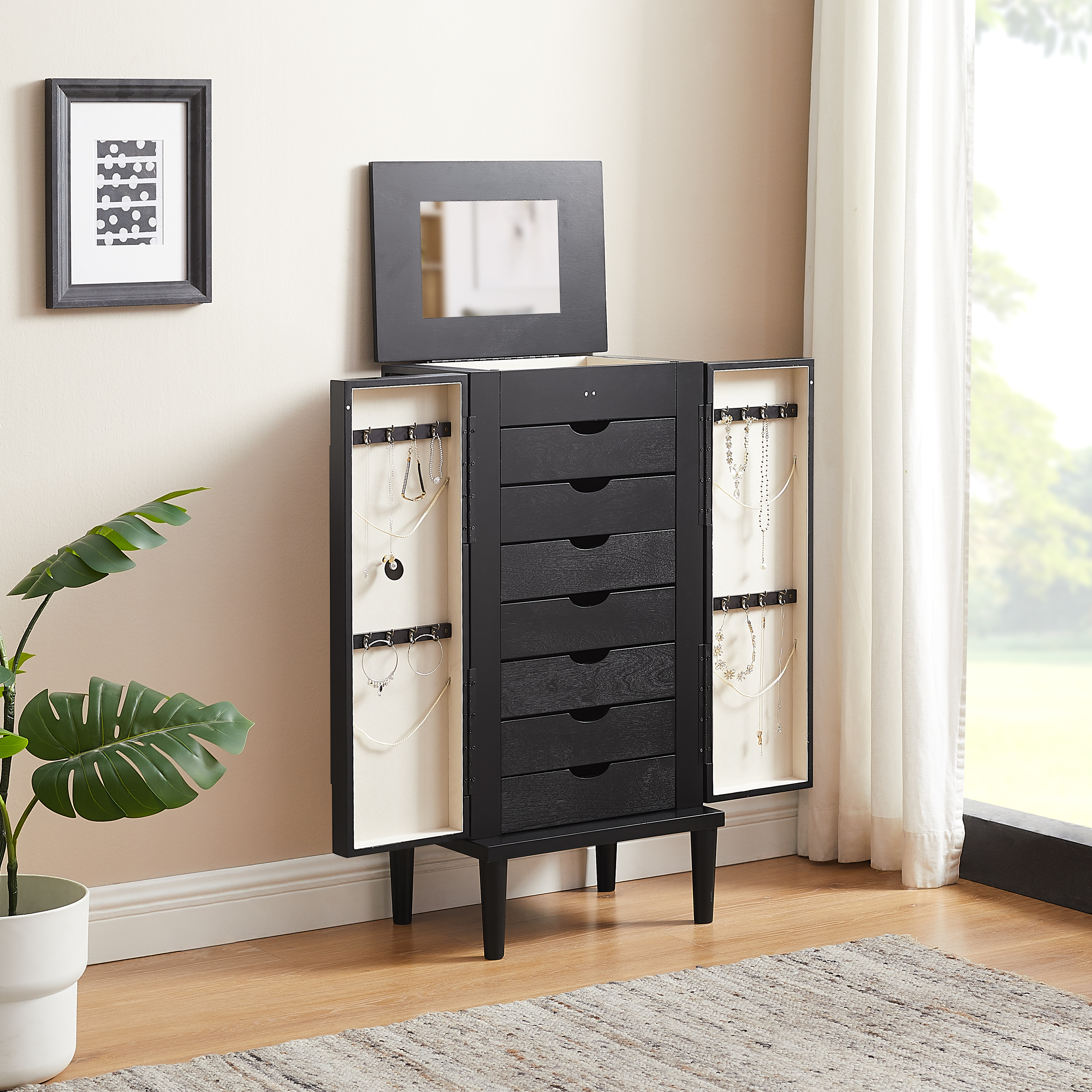 Powell Alicent Free Standing Jewelry Armoire with Hidden Mirror, Black