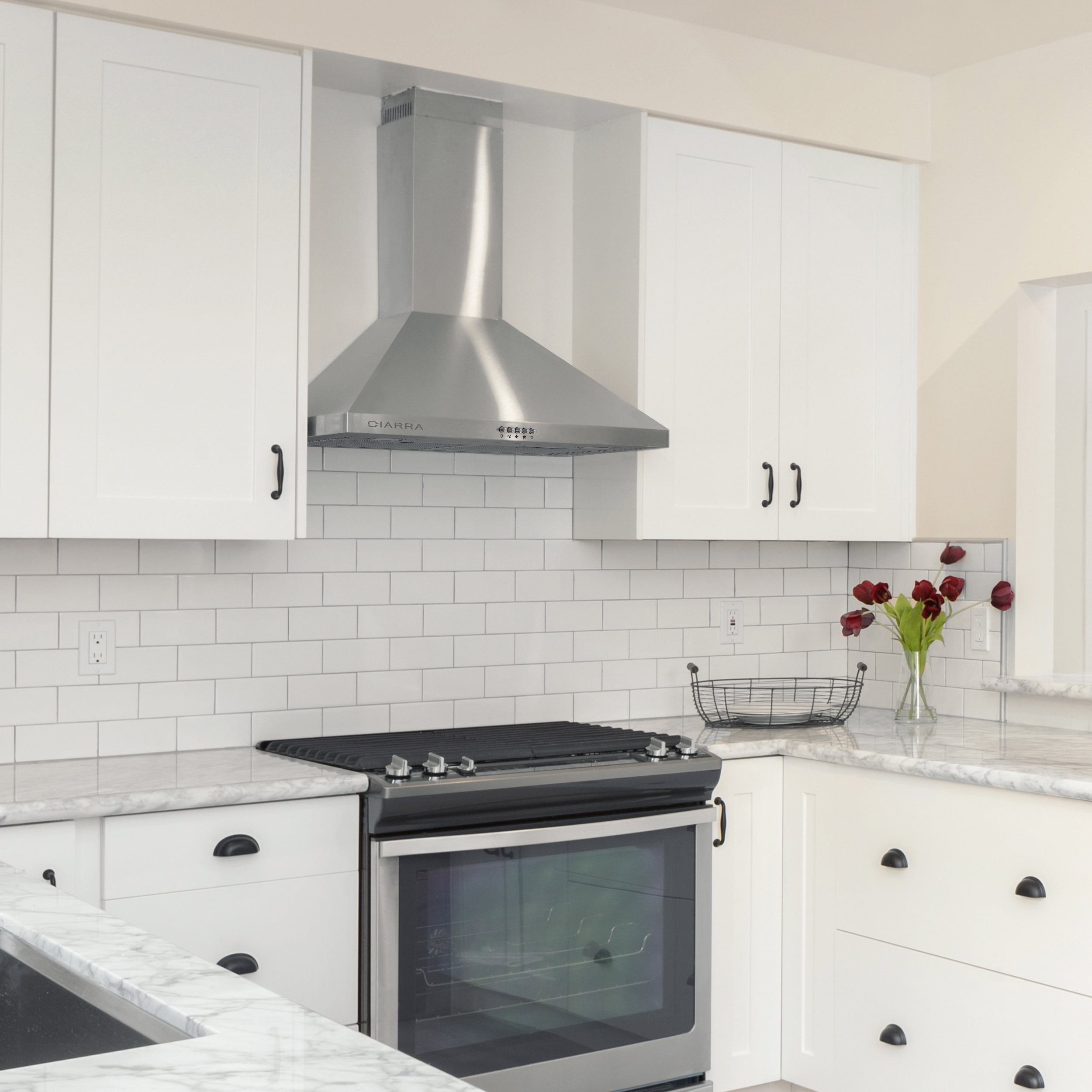 CIARRA Wall Mount Range Hood 30 inch 450CFM in Stainless Steel with Carbon Filter Kit for Recirculating CAS206P75-003