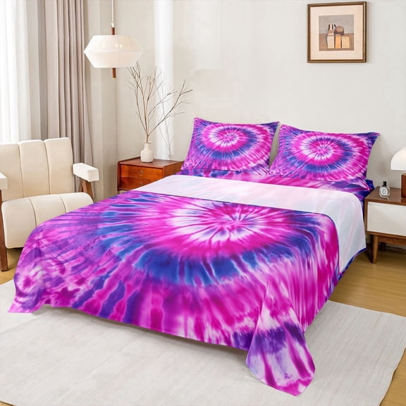 Erosebridal Pink Purple Tie-Dye Full Size Sheets,Watercolor Psychedelic Bed Sheets For Girls Kids 4 Pieces