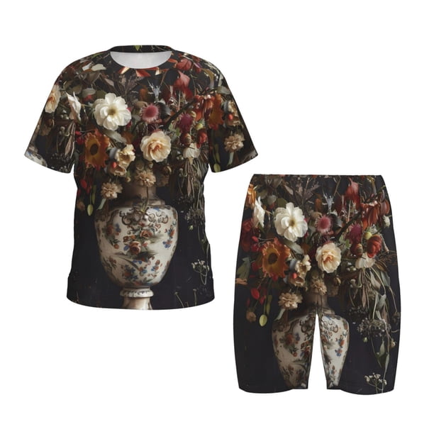 Balery Vintage Floral Vase A Conjunto de Pijama Infantil de Manga Corta con Estampado – Ropa de Dormir de Algodón Suave-4X-Large