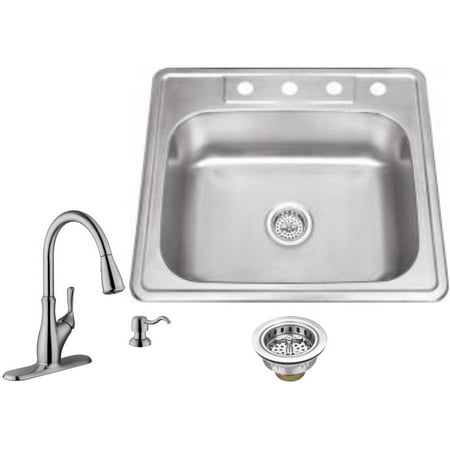 Drop In Single Bowl - Magnus Sinks 25-in x 22-in 20 Gauge Stainless Steel Single Bowl Kitchen Sink with Gooseneck Kitchen Faucet