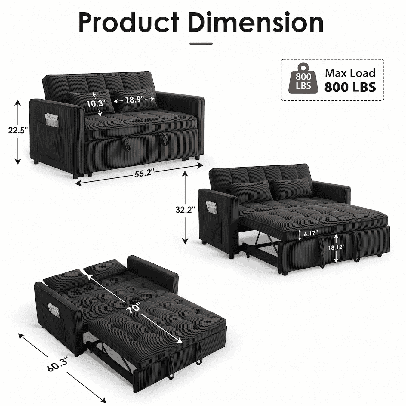 Xiweot 54" Sleeper Sofa Bed, Convertible Pull Out Couch for Living Room Apartment, Velvet Futon Loveseat Sofa Bed with Adjustable Backrest, Side Pockets, 2 Pillows, Easy Assembly (Black)