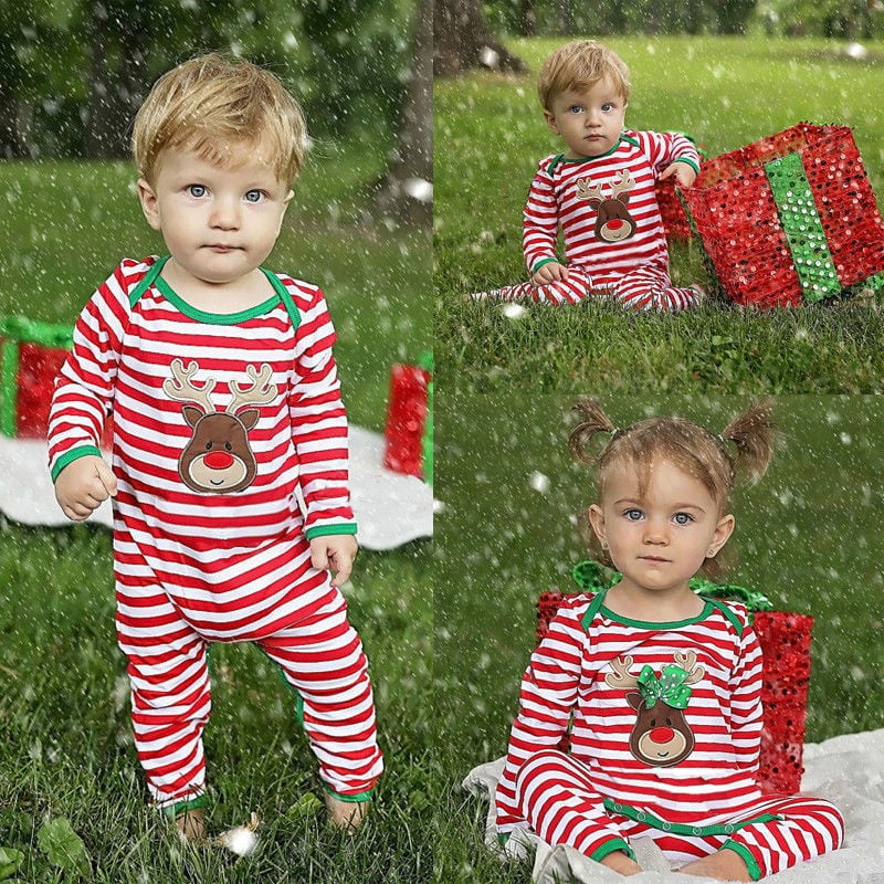 Eyiiye Christmas Newborn Kids Baby Boys Girls Striped Pajamas Sleepwear Romper Bodysuit Other