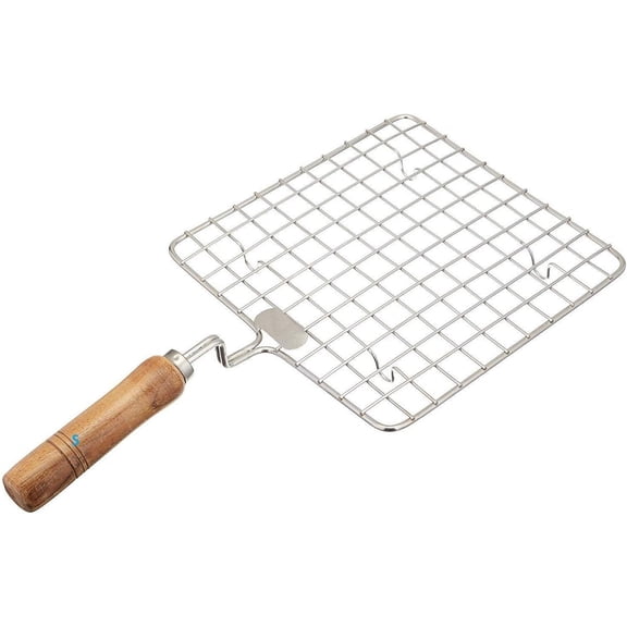Square Grill / Wire Steaming Baking Barbecue Rack Round wire Roaster Rack  Roaster Rack, Wooden Handle / Best for Grilling / Best for Papad, Chapati, Roti, Tortilla - SKR Brand