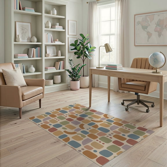 ODIKA 4'x6' Beige Multicolor Geometric Mosaic Washable Area Rug Mid Century Modern Abstract Rounded Rectangle Shapes Artistic Composition Pet Friendly, Non-Shedding for Bedroom, Reading Nook