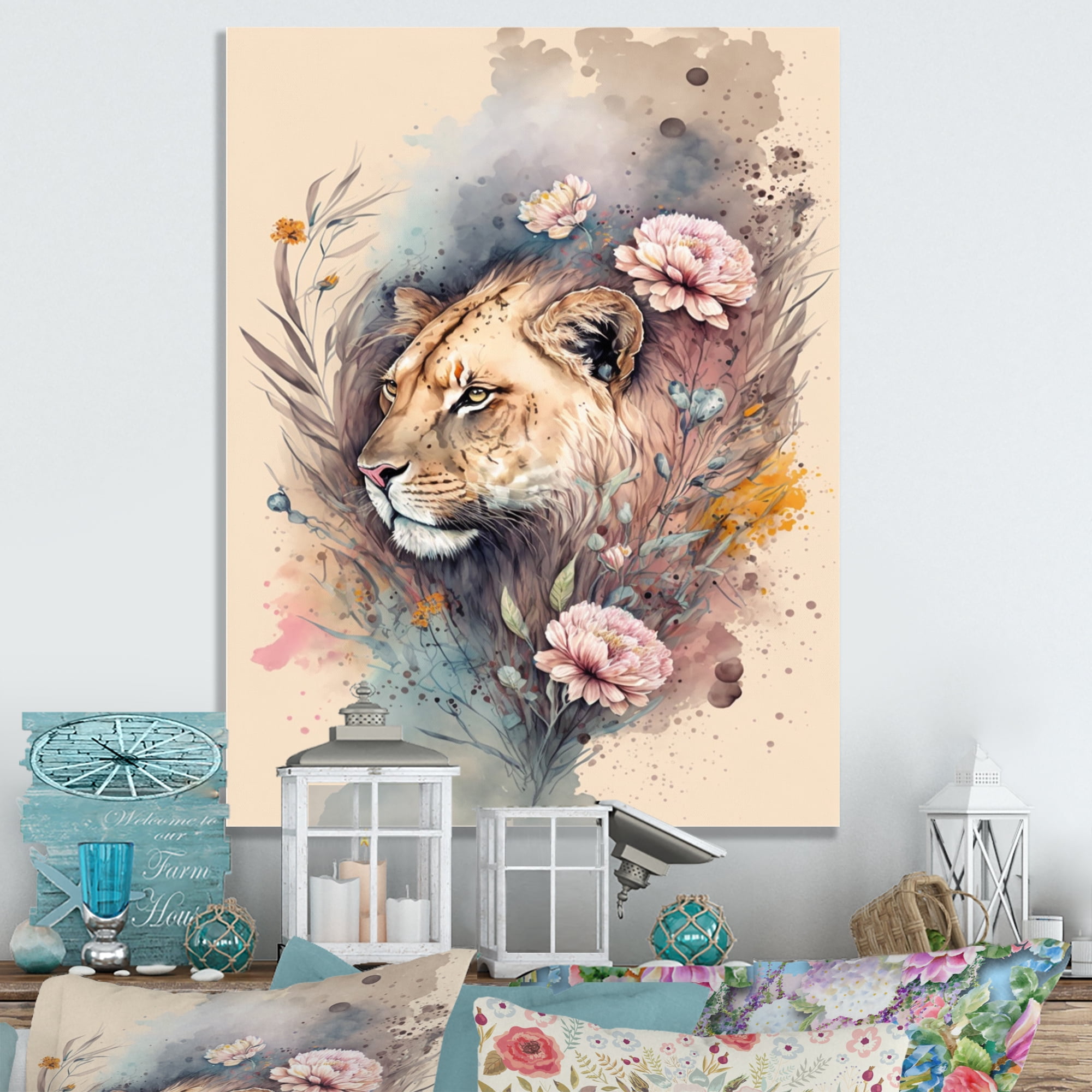 Designart Cute Lions Floral Art 3 Canvas Wall Art