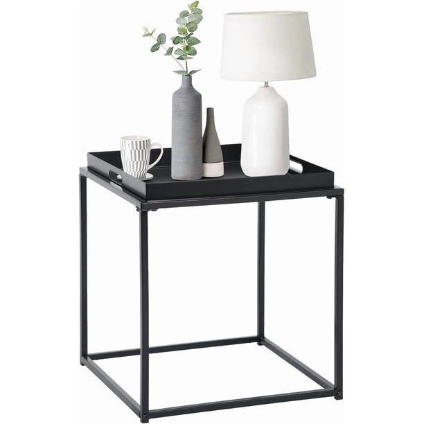 FurnitureR Mesa Auxiliar Cuadrada Pequeña, Mesa de Centro Pequeña A Prueba de Agua de Metal Mesa Auxiliar de Sofá con Bandeja Extraíble, Antióxido, Uso en Interiores y Exteriores Multifunción Negro
