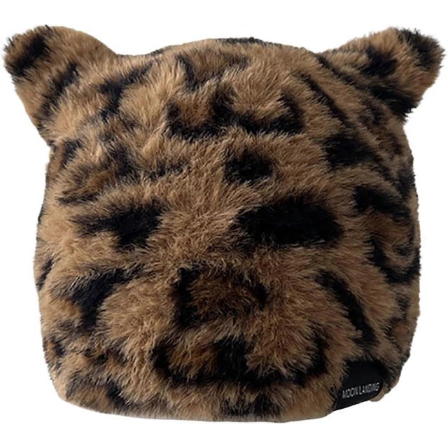 Gorro de invierno de piel sintética para mujer con orejas de gato, cálido y esponjoso, con estampado de leopardo.