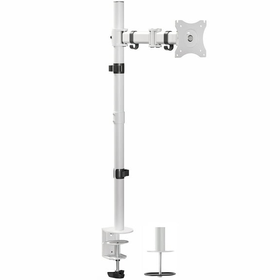 White Single Monitor Desk Mount Extra Tall Adjustable Stand for up to 32" Screen