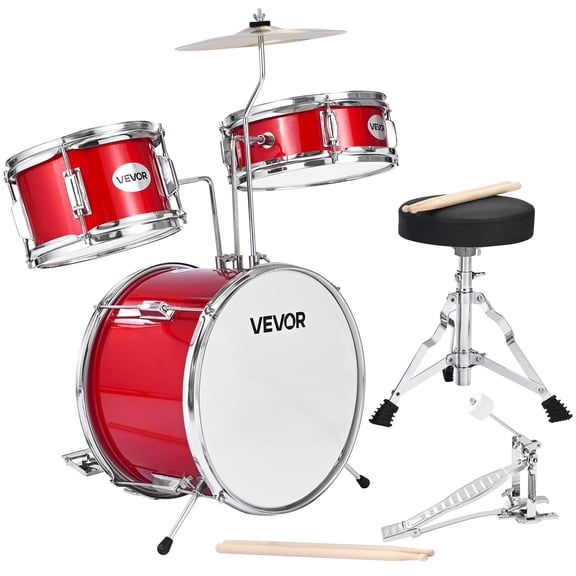 VEVOR Kids Drum Set, 3-Piece 14 in Junior Drum Sets, Beginner Drums Set with Adjustable Throne, Cymbal & Two Pairs of Drumsticks, Musical Learning Drums Kit(Red)
