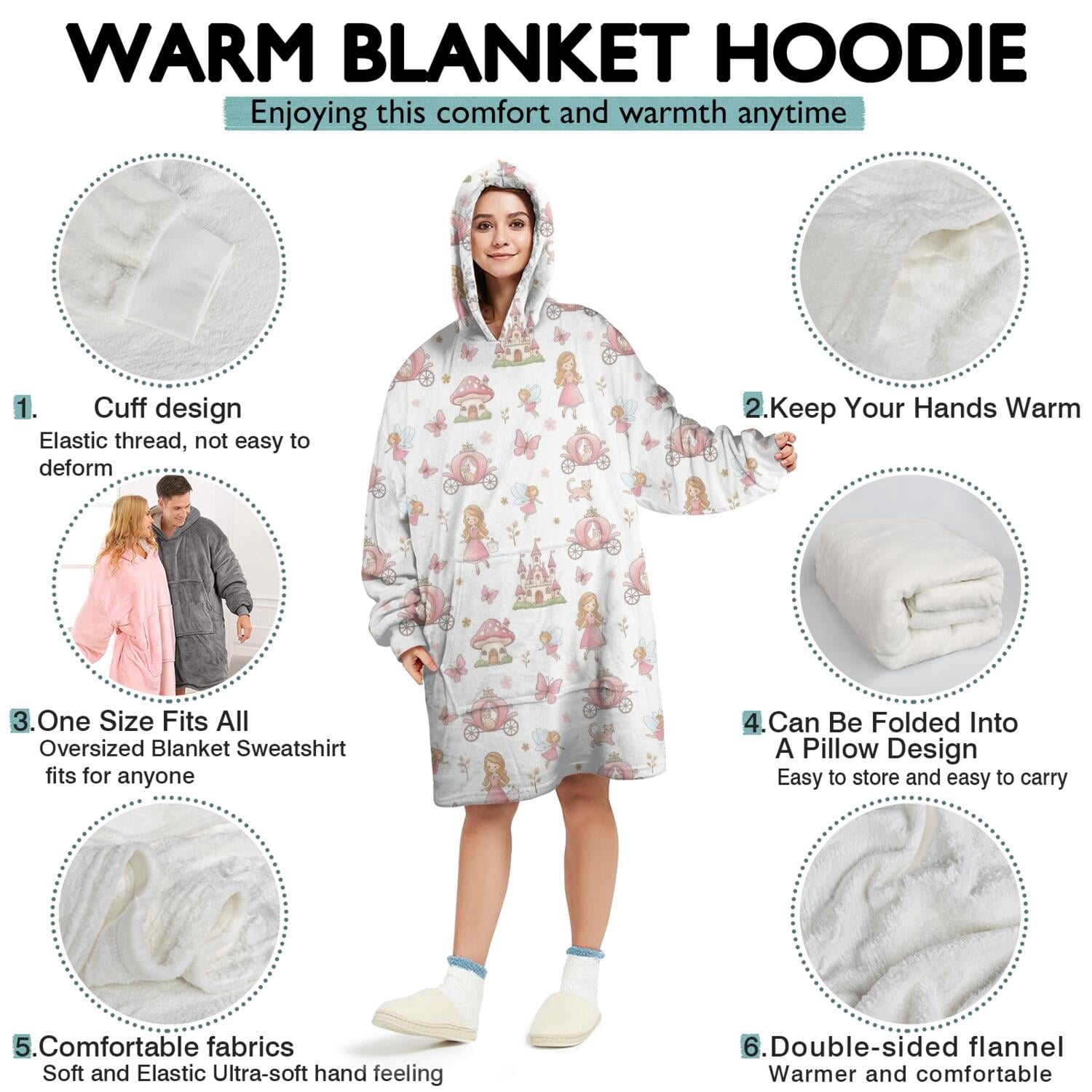 Wearable Oversized Blanket,Princess Carriage Castle Pattern Wearable Blanket Hoodie for Adults,Cozy Hooded Blankets with Super Pockets,Super Warm Fuzzy Pullover for Women & Men
