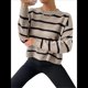 thumbnail image 3 of Suéter de Rayas con Hombros Caídos para Mujer, Suéter de Punto de Cuello Redondo Extragrande, Top Tipo Jersey. Caqui L, 3 of 10