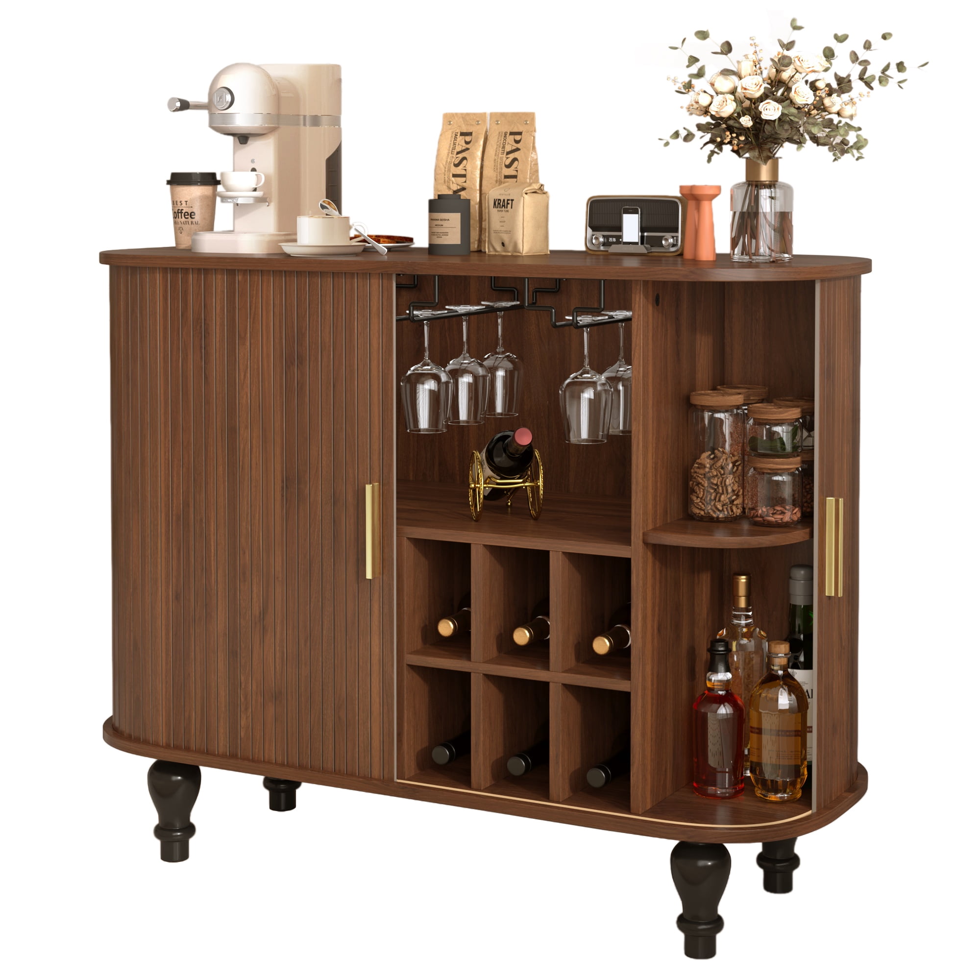 Euroco 39" Wine Bar Cabinet, Standing Liquor Cabinet with 6 Wine Racks,3 Glass Holders,Storage Drawer & Side Hidden Storage Space,Coffee Bar Cabinet for Kitchen Dining Room,Walnut
