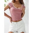 thumbnail image 5 of Liacowi Women Juniors Crop Tops Vintage Fairy Grunge T Shirts Short Sleeve Square Neck Lace Stitching Slim Fit Tee, 5 of 9