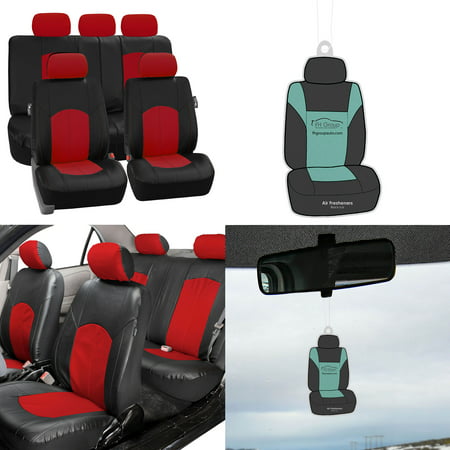 FH Group, Red Black Deluxe Leather Seat Covers Full Set w/ Free Air Freshener, Airbag Compatible / Split Bench Covers