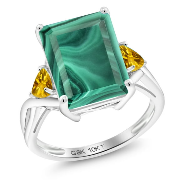 Gem Stone King 10K White Gold Green Malachite and Yellow Citrine 3 Stone Engagement Ring for Women (10.42 Cttw, Emerald Cut 14X10MM, Trillion 4MM, Size 8)