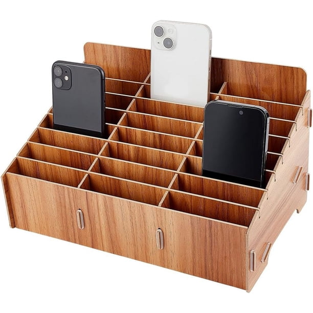 Caja de madera para guardar teléfonos móviles con 24 compartimentos, organizador de escritorio para oficina y escuela, color madera de teca.