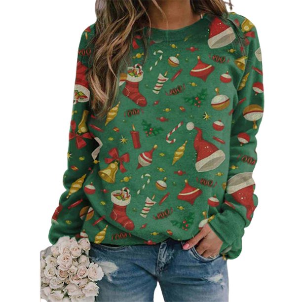 Sudadera navideña de manga larga para mujer, gorro de Papá Noel con dibujos animados coloridos, jersey con estampado de bastón de caramelo, Top con cuello redondo, camisas sueltas