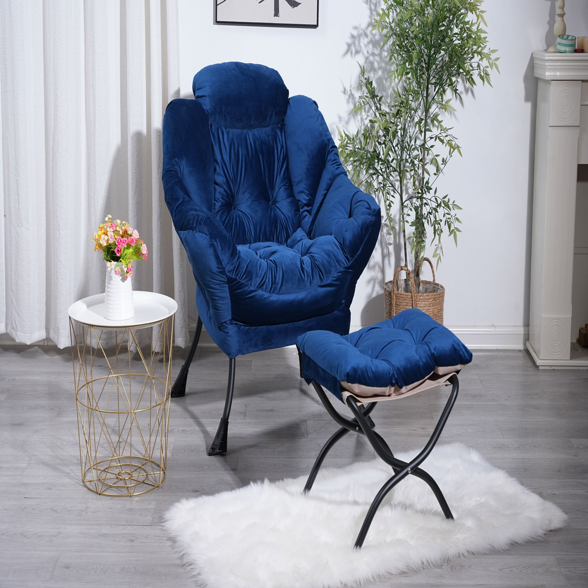 Spaco Modern Cotton Fabric Lazy Chair, Chair with Ottoman Set Armrests and A Side Pocket, Blue Spaco Modern Cotton Fabric Lazy Chair, Chair with Ottoman Set Armrests and A Side Pocket, Blue