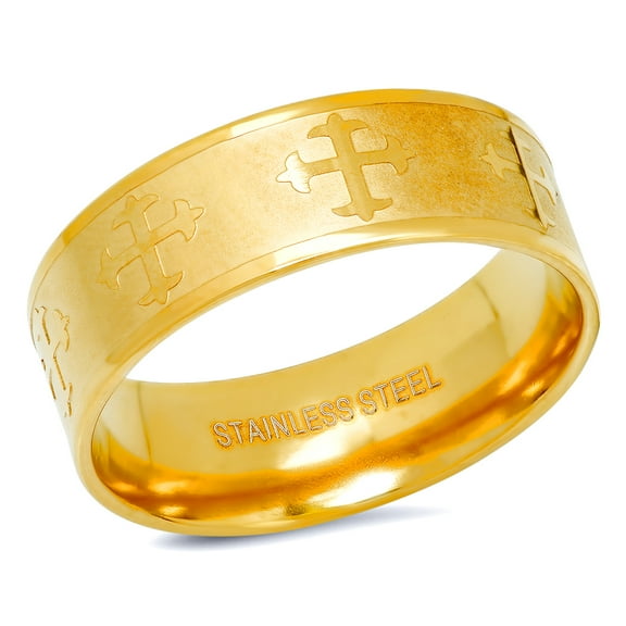 Stainless Steel Mens Yellow Cross Religious Ring Size 10 Ring for Men