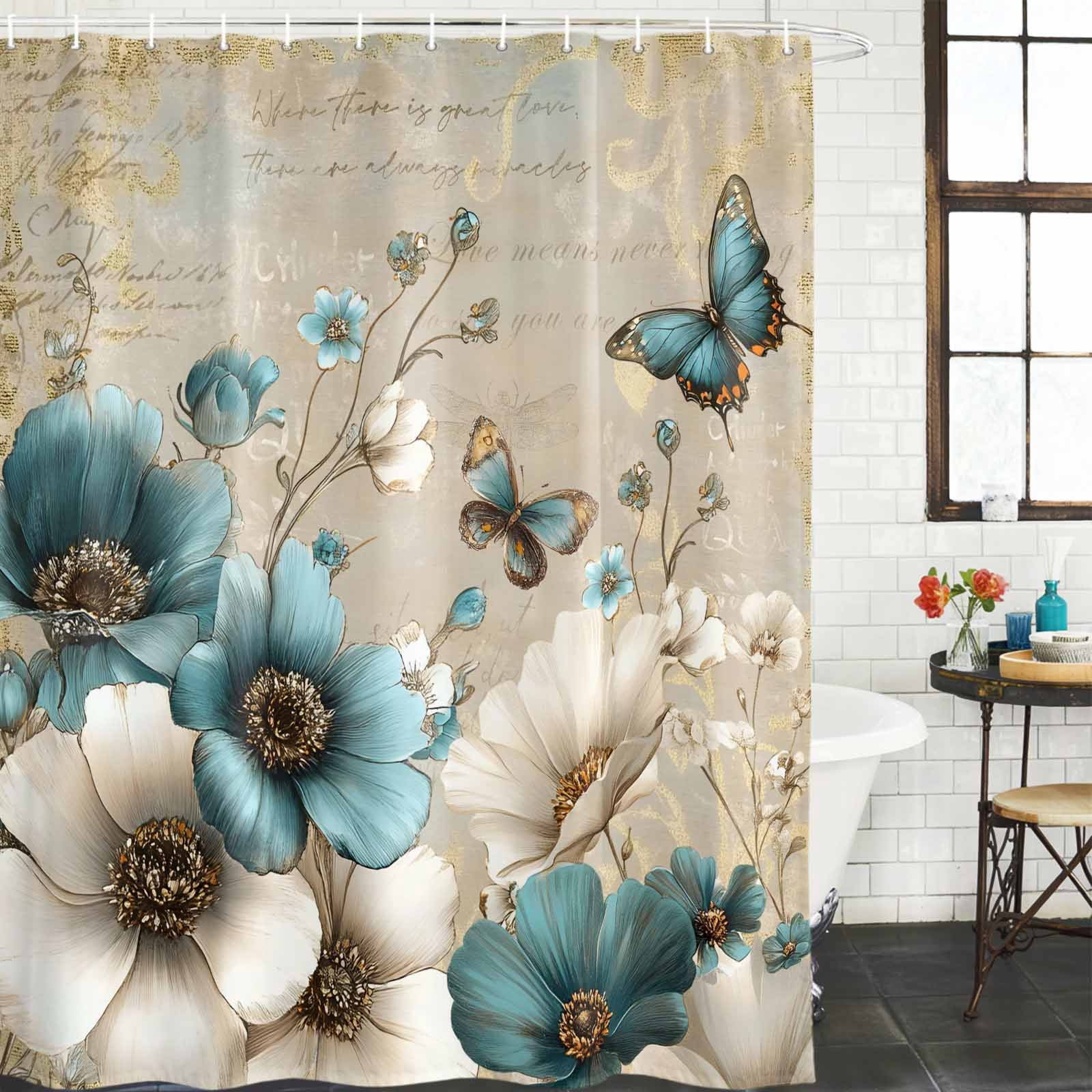 Teal Tulip Butterfly Shower Curtain, Waterproof Shower Curtains for Bathroom, Beige Turquoise Floral Vintage Rustic Washable Fabric Bathtub Curtain Set Bath Decor with 12 Hooks 48"x72"