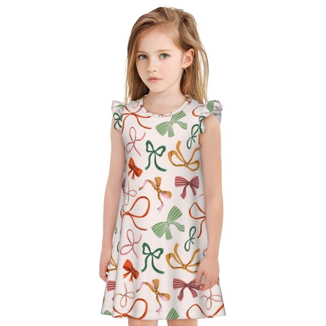 Fotbe Colorful Bow Knots Vestido de Dormir para Niñas de 3 a 10 Años, Mangas Cortas, Estilo Princesa, Pijama Camisón con Mangas Voladas-XX-Large