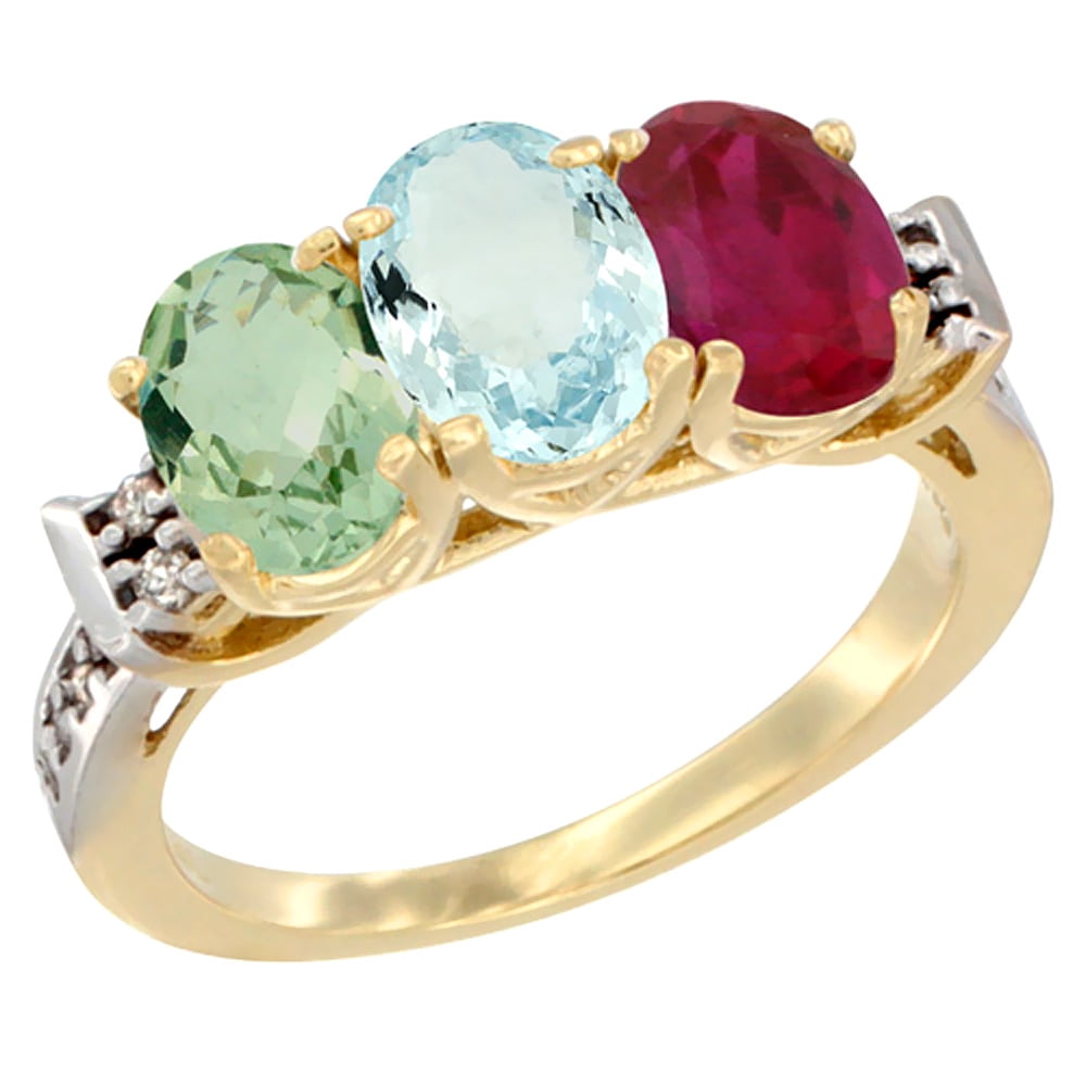 10K Yellow Gold Natural Green Amethyst, Aquamarine & Enhanced Ruby Ring 3-Stone Oval 7x5 mm Diamond Accent, sizes 5 10 by WorldJewels