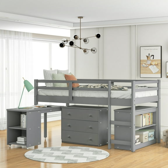 Harper & Bright Designs Twin Loft Bed Low Study Twin Size Bed with Cabinet and Rolling Portable Desk (Grey)