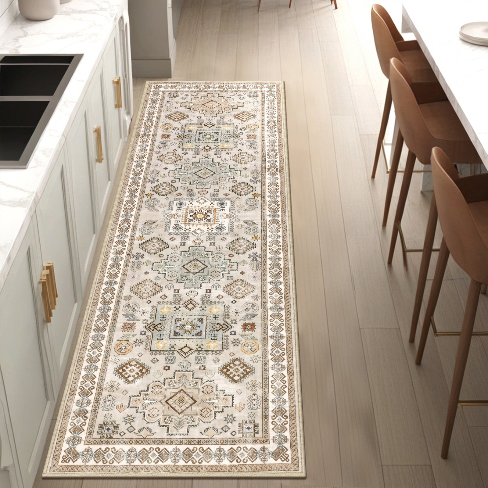 MeyJey 2'x6' Oriental Vintage Runner Rug for Hallways, Non-Slip Machine Washable Area Rug for Bedroom/Living/Dining/Laundry Room Carpet, Beige