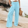 thumbnail image 5 of Aboser Womens Cotton Linen Palazzo Pants with Pockets Smocked High Waisted Pants Loose Fit Beach Lounge Pants Flowy Wide Leg Travel Trousers Sky Blue XL, 5 of 6