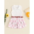 thumbnail image 4 of Musuos KId Girls Summer 2 Piece Skirt Outfits 6Months - 4Years White Sleeveless Lapel Tank Tops Floral Checkerboard Print Skirt with Belt Set, 4 of 10