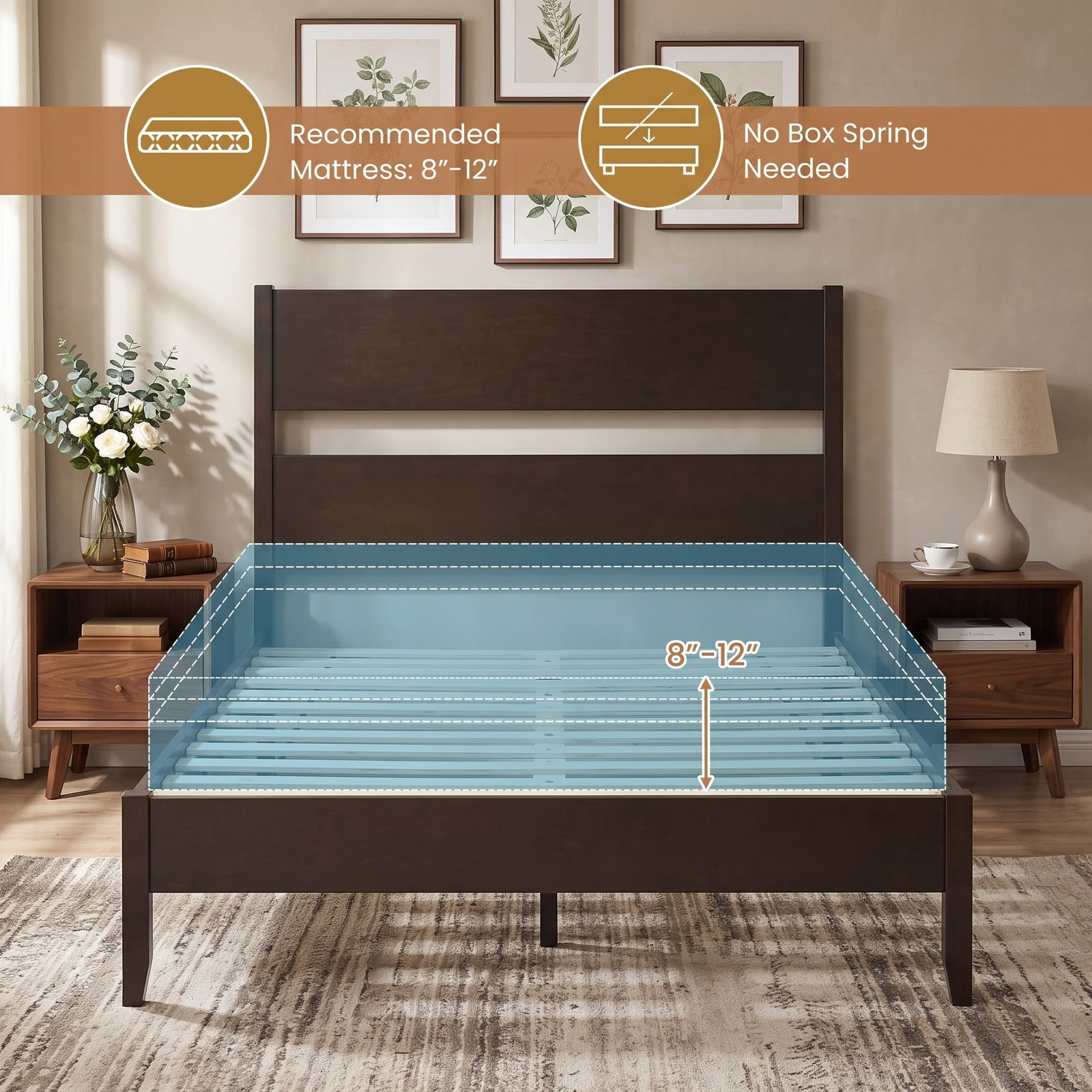 Furnibear Full Size Bed Frame with Panel Headboard, Wood Platform Bed Frame with 12 Slats and Solid Wood Legs for Bedroom, Dark Walnut