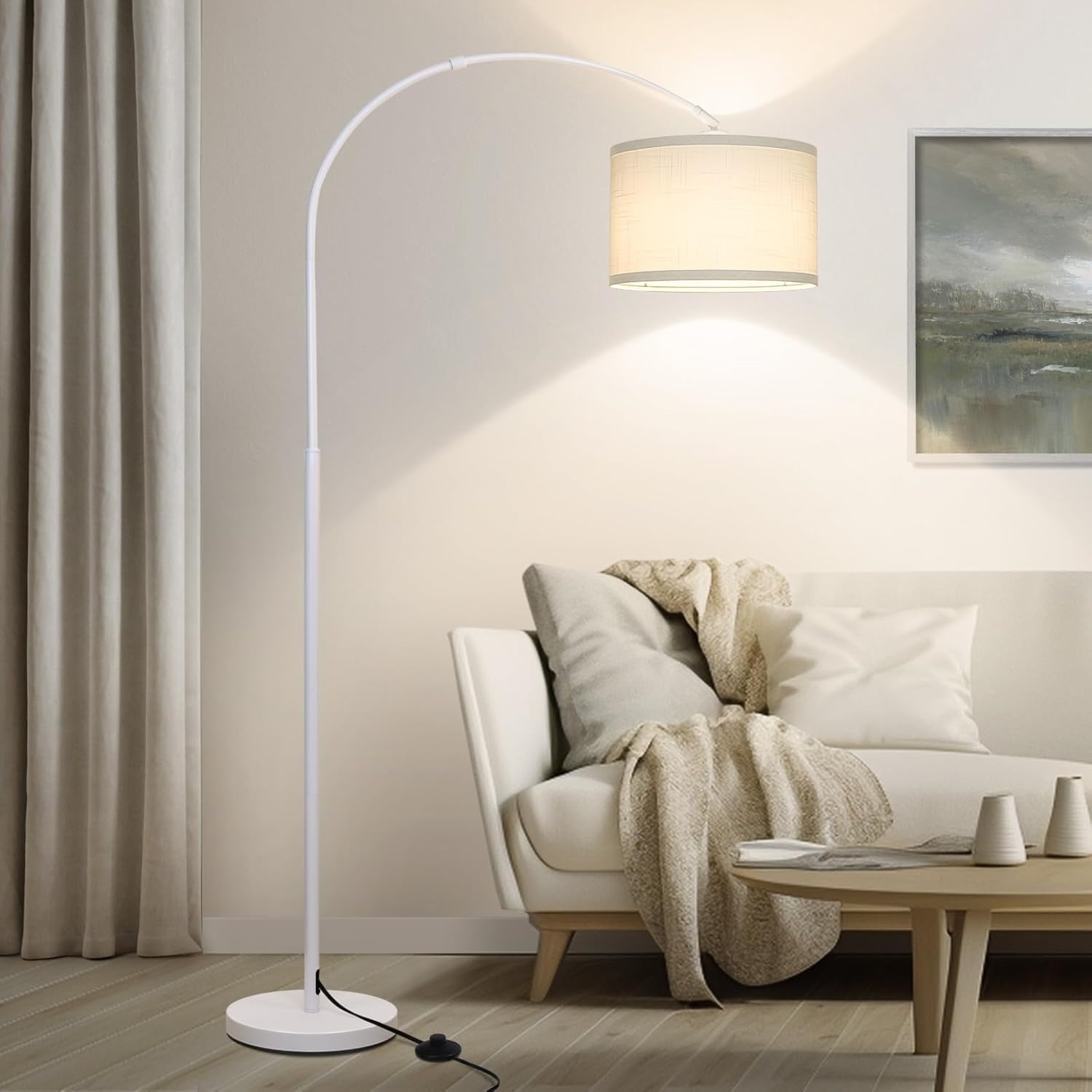 White Floor Lamp, Modern Floor Lamp for Living Room with Adjustable Lamp Head, Tall Pole Standing Lamp with On/Off Pedal Switch, Over Couch Reading Light for Bedroom, Office, Study Room