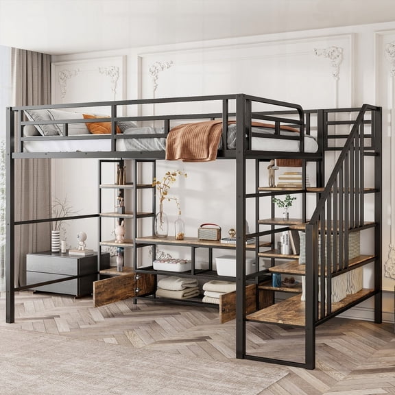 Full Size Metal Loft Bed with Staircase & Low Storage Table - Black