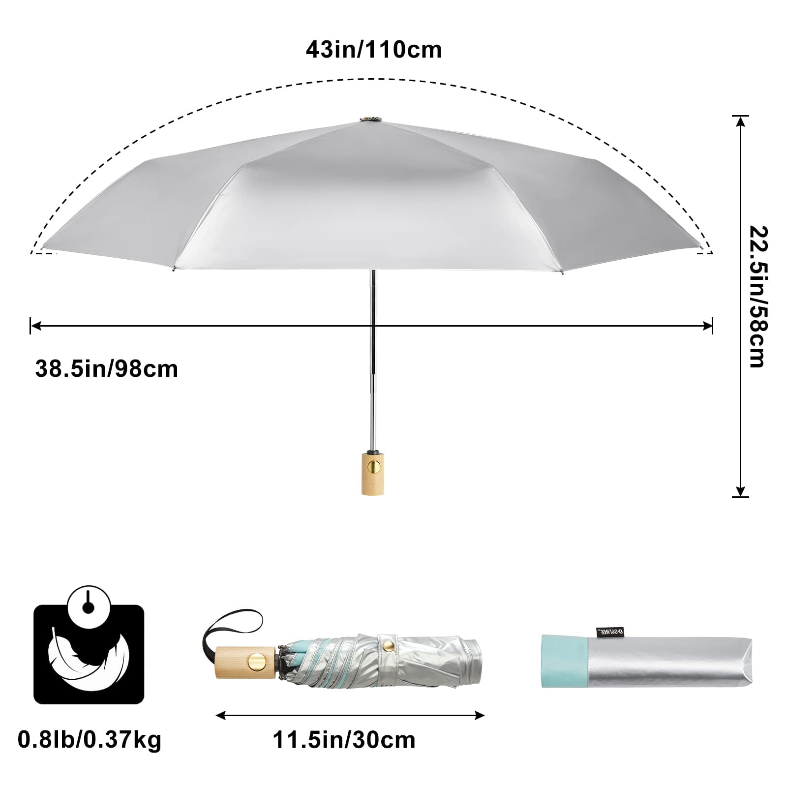 G4Free UPF 50+ UV Protection Travel Umbrella with Wooden Handle, 42 Inch Lightweight Sun Rain Folding Umbrellas Auto Open Close