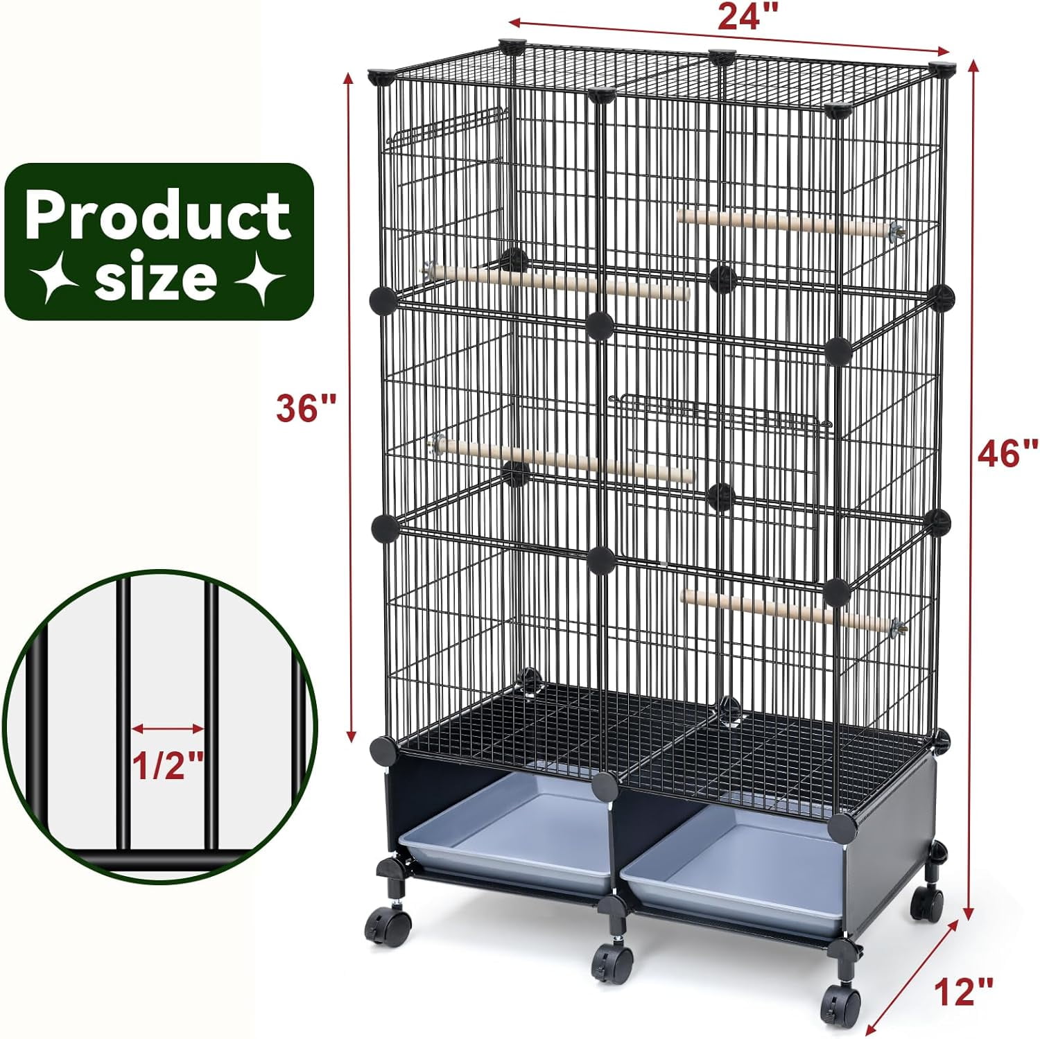 Upgraded Encrypted 46-Inch Bird Cage, with Wooden Perches, Metal Parakeet Cage with Slide-Out Tray, Water Bottle&Feeder, Bird Cages for Parrot,Parakeets,Cockatiel,Lovebird,Small Mid-Sized Birds