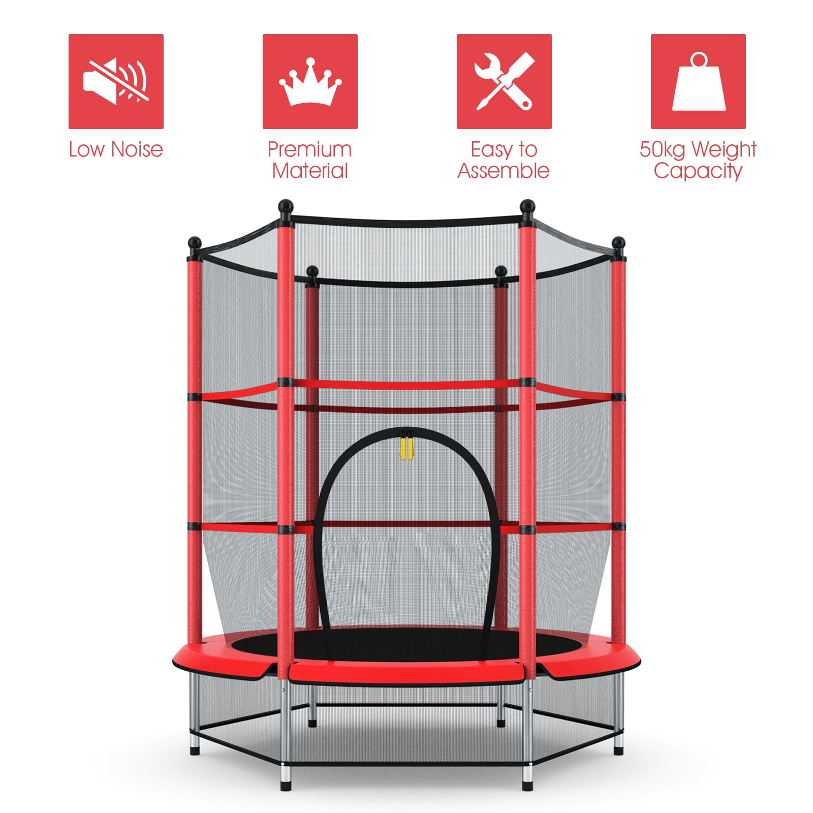Topbuy Kids Round Jumping Trampoline Combo Bed Trampoline W/ Safety Enclosure Net Red