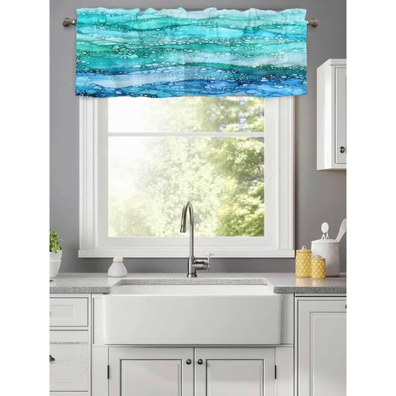 Valance for Windows,Abstract Marble Ombre Blue Ocean Wave Valances Curtain Rod Pocket Valance for Kitchen Bedroom Living Room Bathroom,Nautical Coastal Sea Short Curtains Window Treatment 42x12in