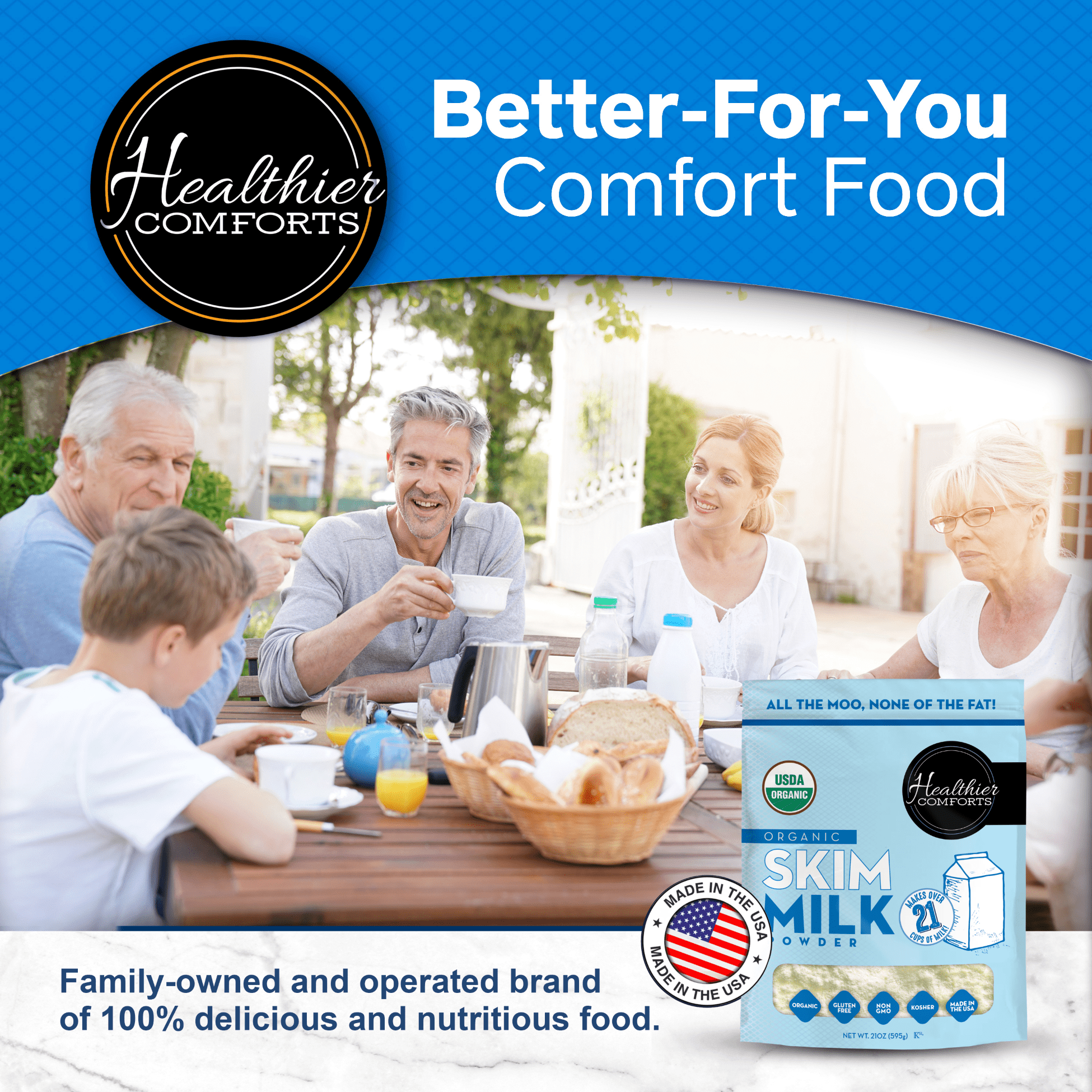 Healthier Comforts Organic Skim Milk Powder 21oz | Certified USDA Organic | Fat Free, Kosher, Gluten Free, Non-GMO, Shelf Stable | Perfect for Shakes, Smoothies, Coffee Creamer, Baking | Made in USA