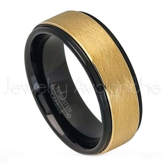 2-Tone Wire Brushed Finish Tungsten Ring - 8mm Yellow & Black IP Comfort Fit Tungsten Carbide Anniversary Ring - TN740Ns9
