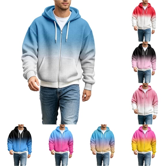 XIAOCHA Mens Zip Up Hoodie Ombre Waffle Knit Hoodies Street Casual Hooded Sweatshirt, Sky Blue1, Sizes XS