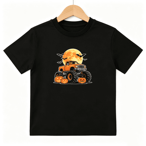 Halloween Monster Truck Boys Graphic Tee, Spooky Pumpkins Moon 100% Cotton Kids Short Sleeve T-Shirt