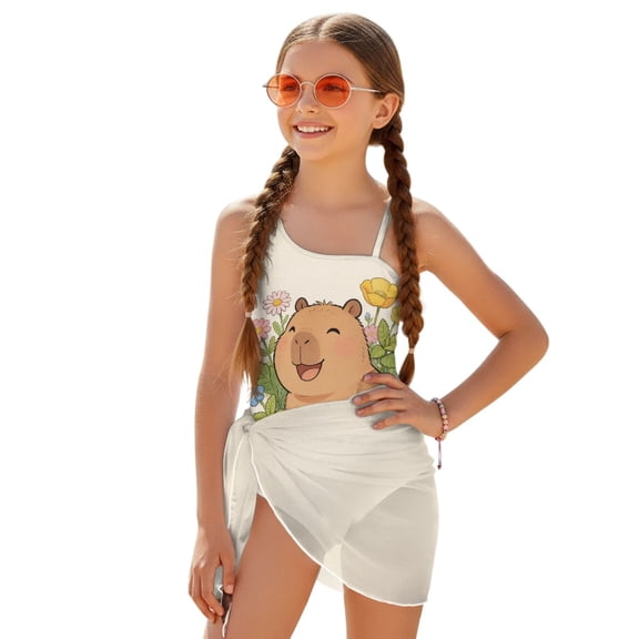 POLERO Girls' Cute Cartoon Capybara One-Piece Swimsuit with Mesh Cover Up - Quick Dry, Padded Swimwear for Beach & Pool Vacations (7-18 Years)