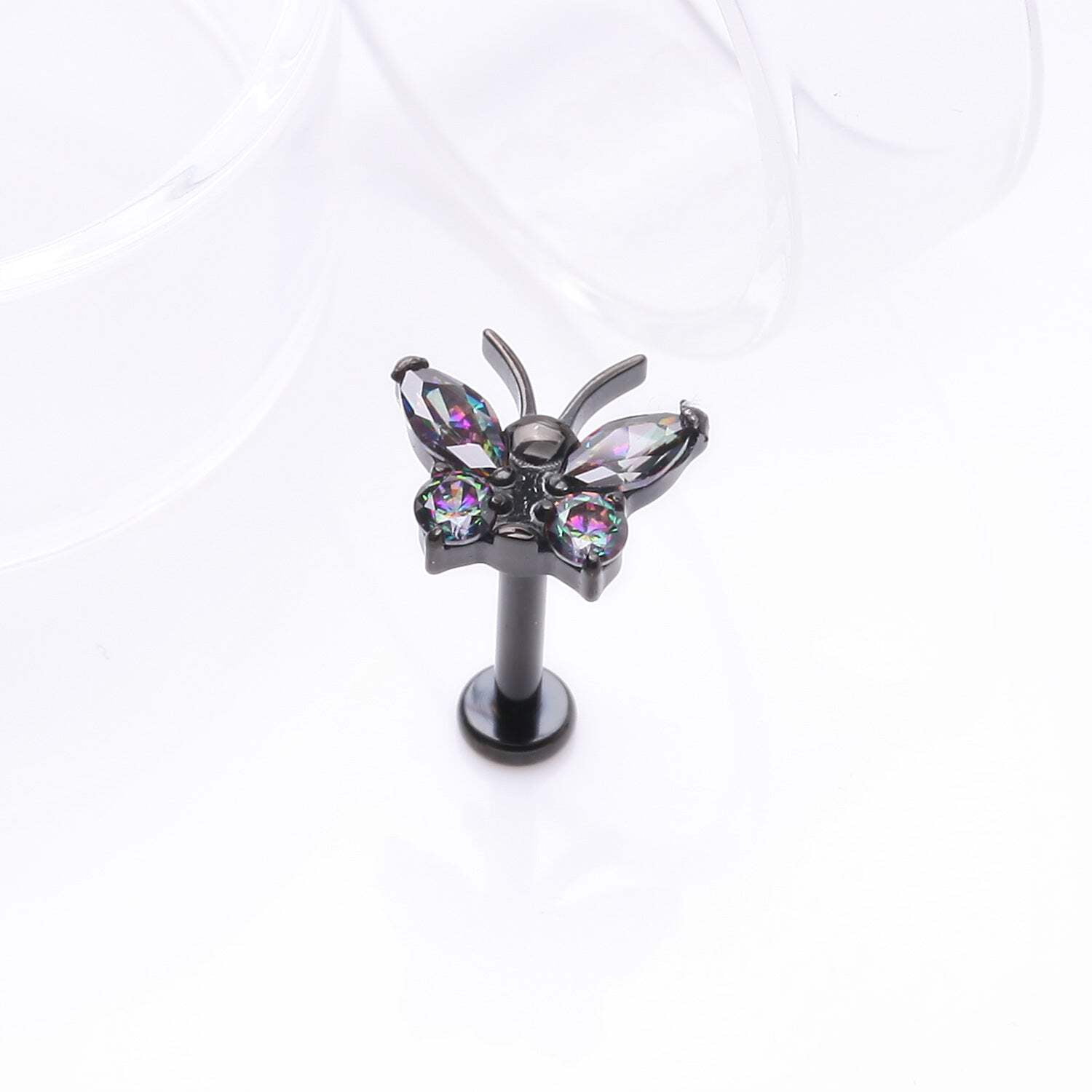 Implant Grade Titanium Blackline Butterfly Sparkle Internally Threaded Flat Back Stud Labret